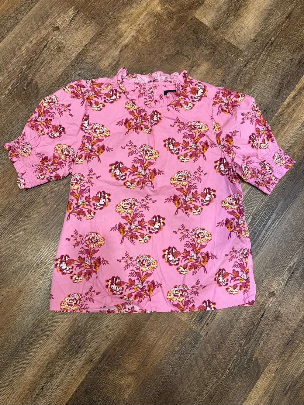 J. Crew Smocked puff-sleeve top in marigold bouquets 100% cotton MED